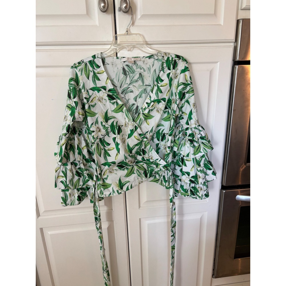 Boston Proper Floral Leaf Print Tiered Ruffle Sleeve Wrap Top Green White S